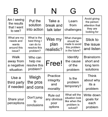 Problem Solving Bingo Card