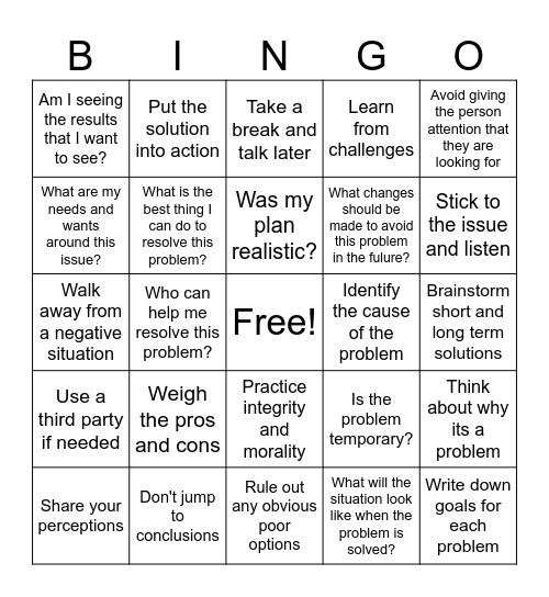 Problem Solving Bingo Card