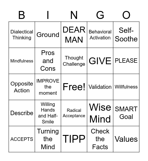 DBT Skills Bingo! Bingo Card