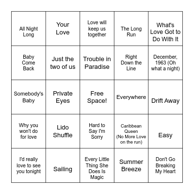 Yacht Rock Bingo Card