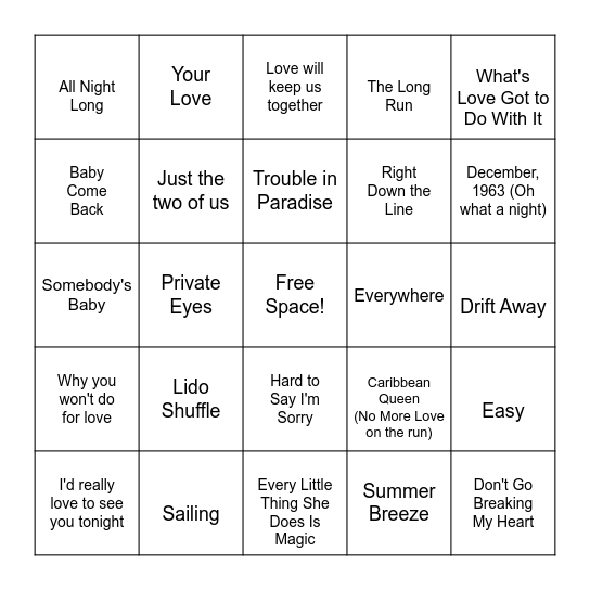 Yacht Rock Bingo Card