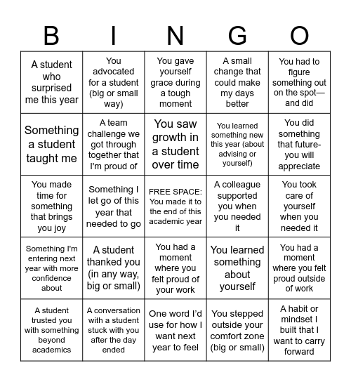 End of Year Advisor Bingo Card