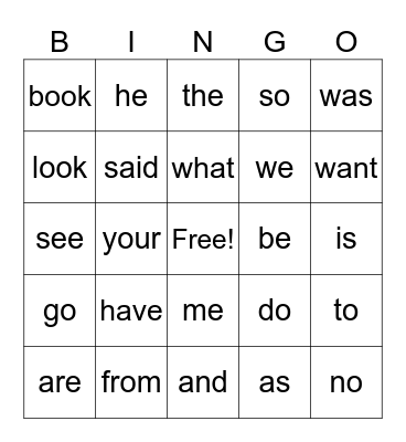 Heart Words Bingo Card
