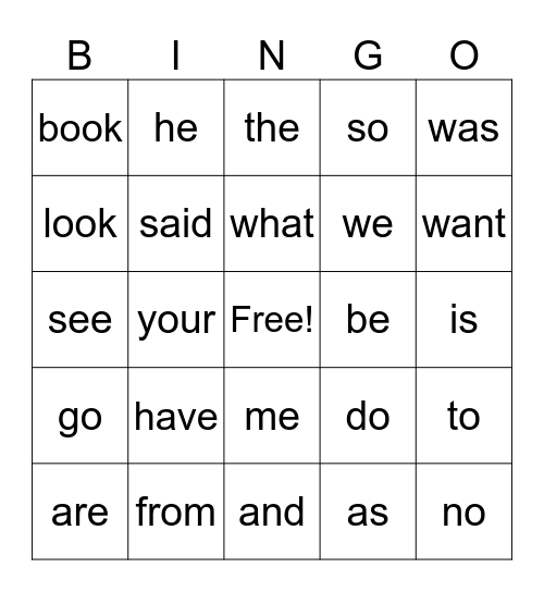 Heart Words Bingo Card