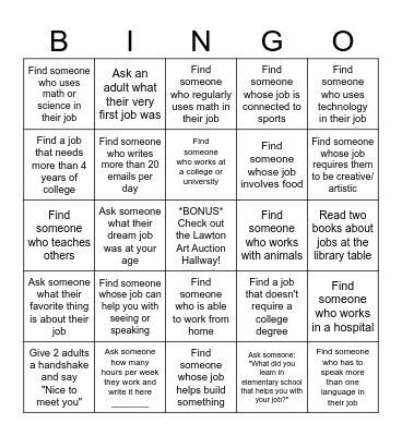 Lawton Career Night Bingo Card