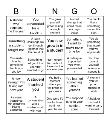 End of Year Advisor Bingo Card