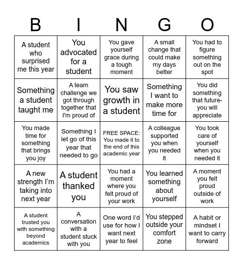 End of Year Advisor Bingo Card