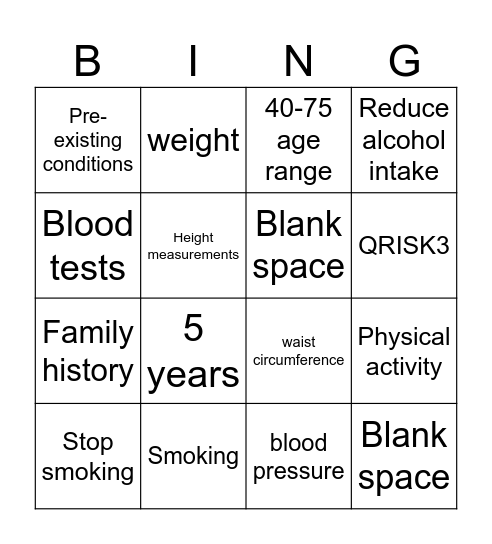 Over 40s NHS health check Bingo Card