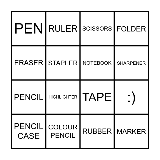 SCHOOL ITEMS BINGO! Bingo Card