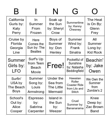 Summer Music Bingo Card