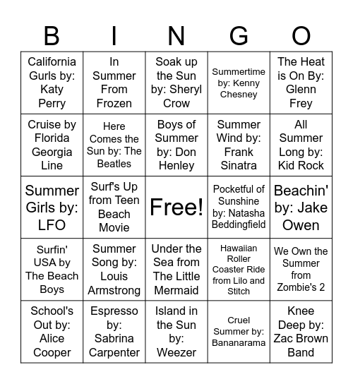 Summer Music Bingo Card