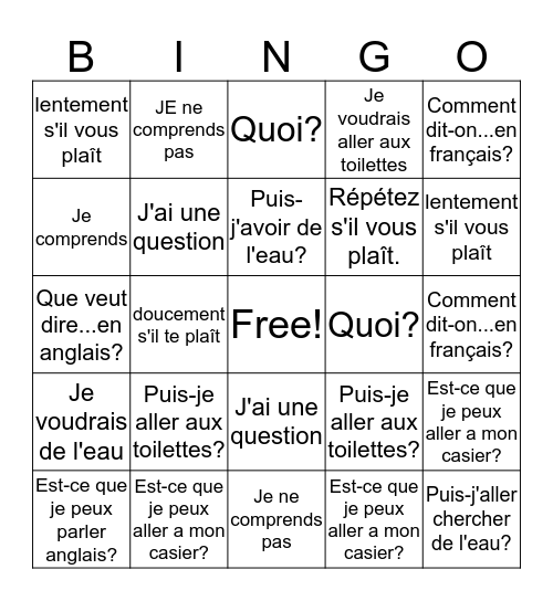 Classroom Expressions Francais Bingo Card