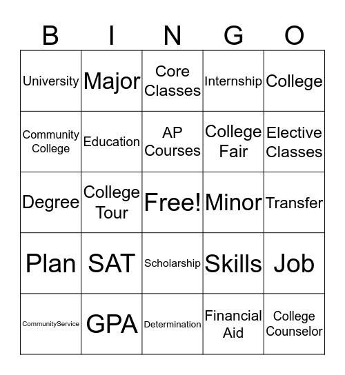 New Dimensions College Bingo Card
