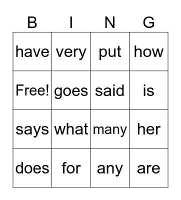 Sight Words Bingo Card