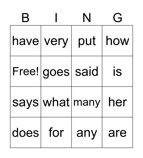 Sight Words Bingo Card