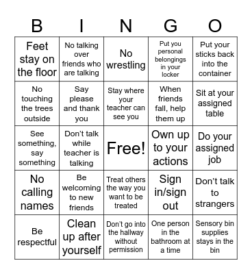 Class Rules Bingo Card