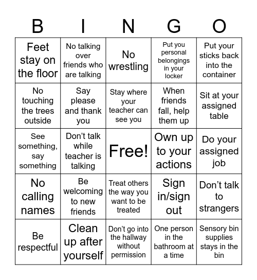 Class Rules Bingo Card