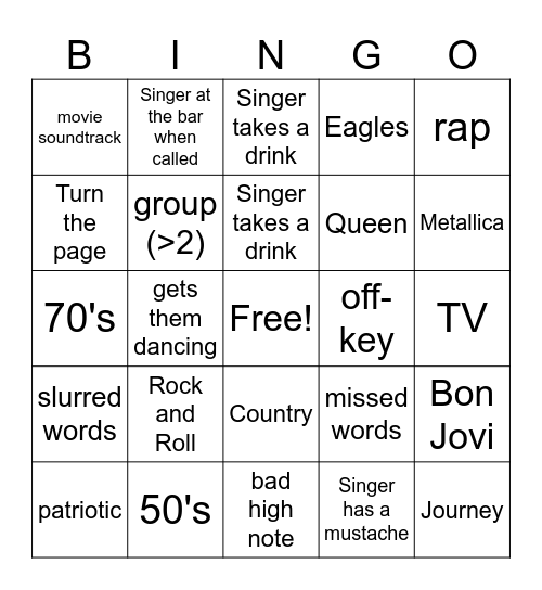 VFW 1350 Karaoke Bingo Card