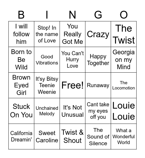 60's Music Bingo Card