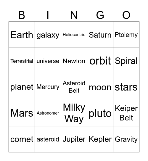 SPACE Bingo Card