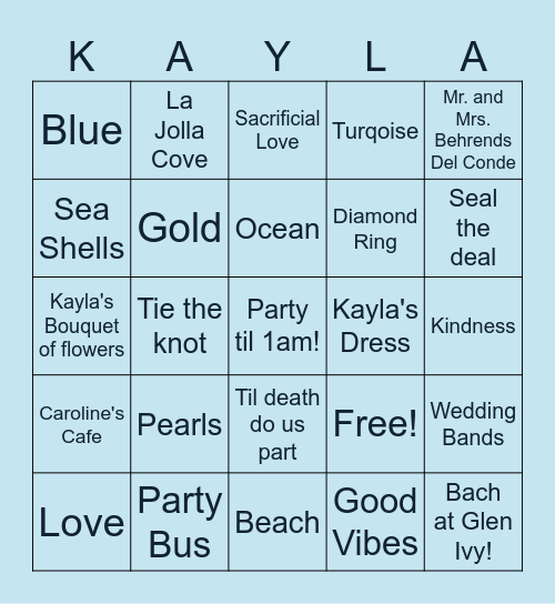 Kayla's Miss to Mrs Bingo Card