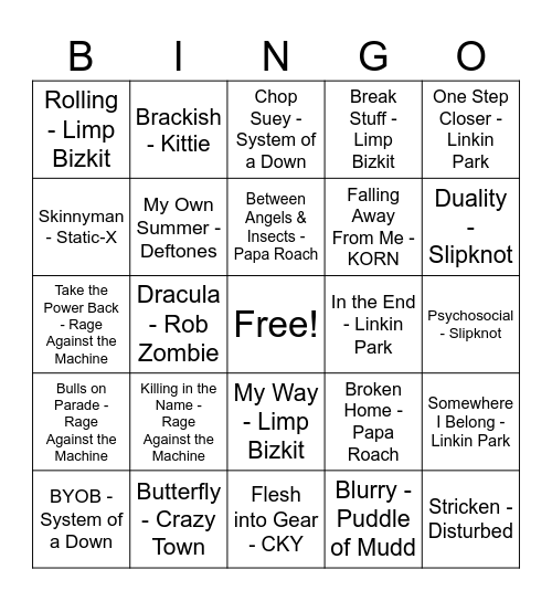 Nu-Metal Rage Bingo Card