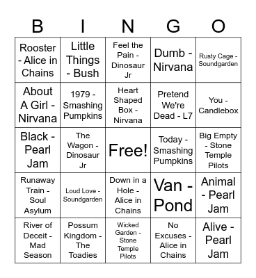 90's Grunge Bingo Card