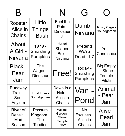 90's Grunge Bingo Card