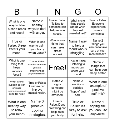 Mental Health Bingo Card
