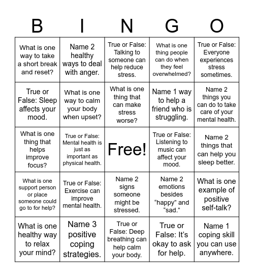 Mental Health Bingo Card