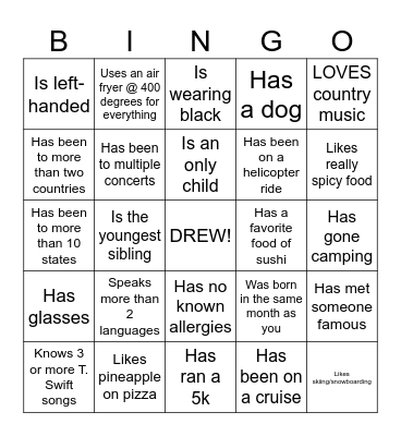Icebreaker Bingo: Find who is most similar to DREW Bingo Card