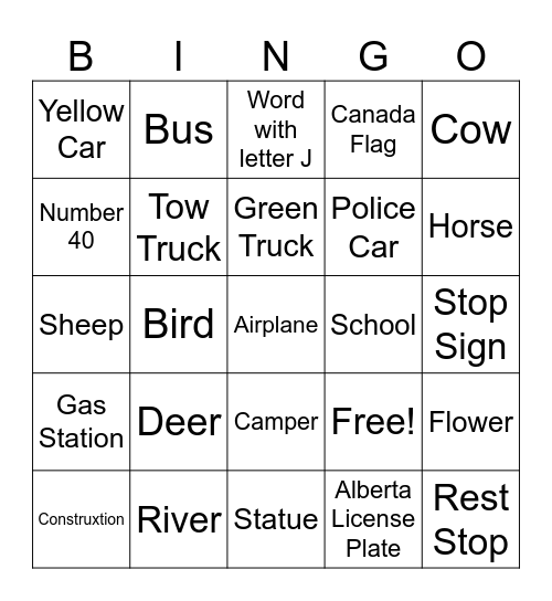 BC Road Trip Bingo Card