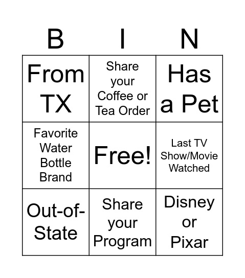 Parker New Student Orientation Bingo Card