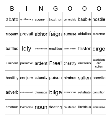 Honors English 1 Vocab: Lists 1-5 Bingo Card