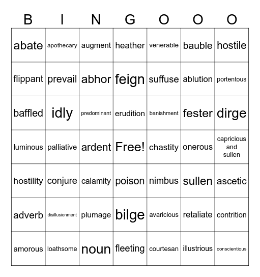 Honors English 1 Vocab: Lists 1-5 Bingo Card