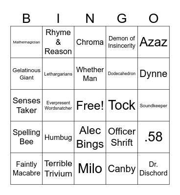 The Phantom Tollbooth Bingo Card