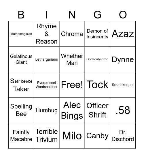 The Phantom Tollbooth Bingo Card