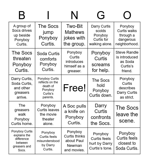 Chapter 1 - The Outsiders Bingo Card
