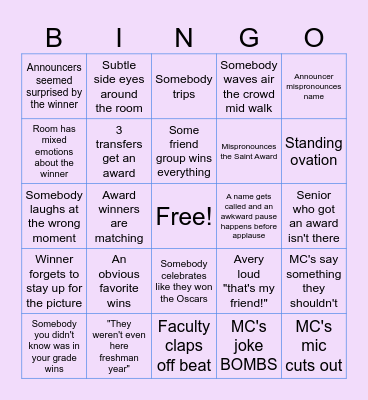 Senior Awards Night Bingo Card