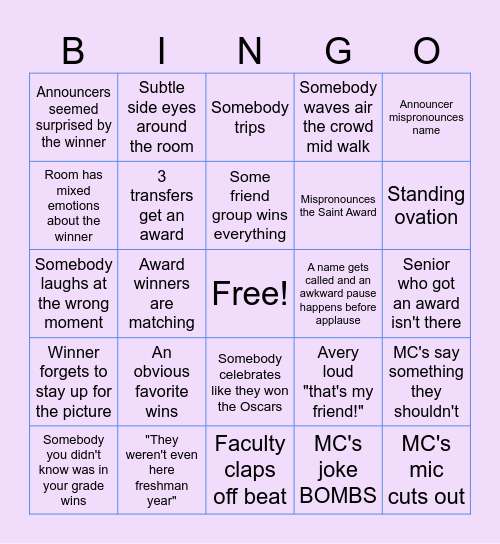 Senior Awards Night Bingo Card