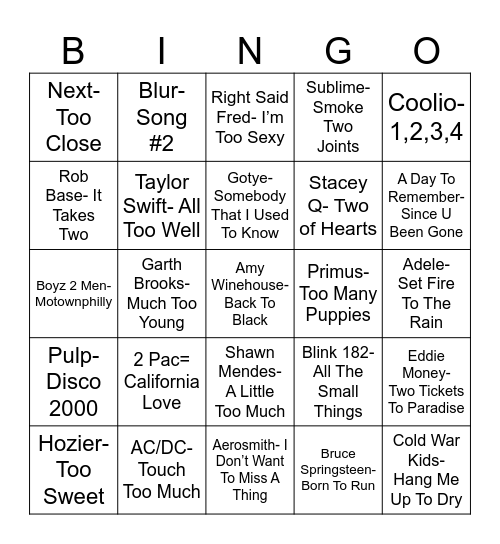Radio Bingo To, Two, Too Bingo Card