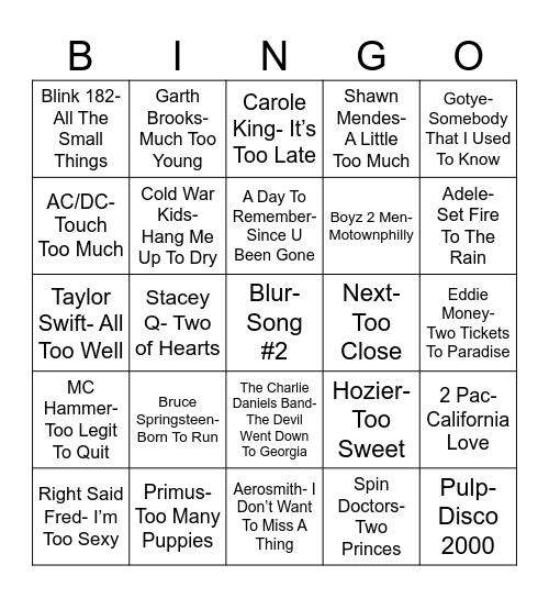 Radio Bingo To, Two, Too Bingo Card