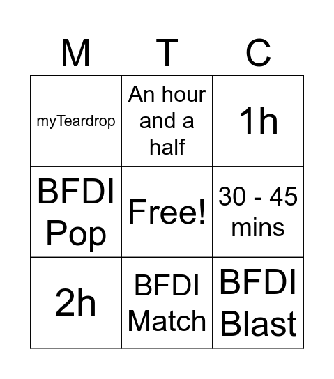 BFDIA 25 leng Bingo Card