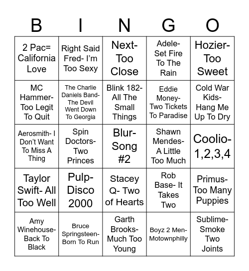 Radio Bingo To, Two, Too Bingo Card