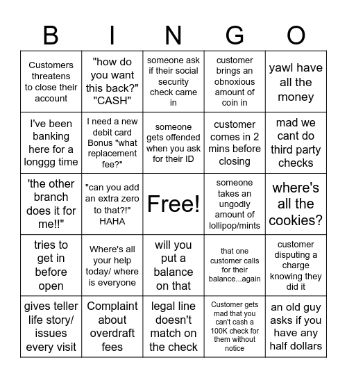 Bank Bingo Card