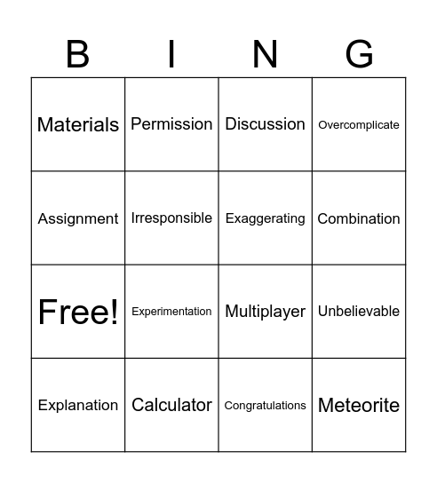 Multiple Syllable Word Bingo Card