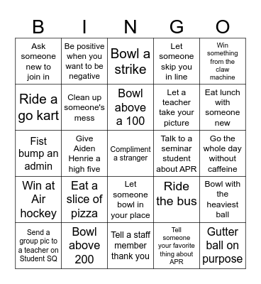 Bowling Alley Field Trip Bingo Card