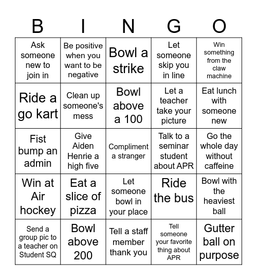 Bowling Alley Field Trip Bingo Card