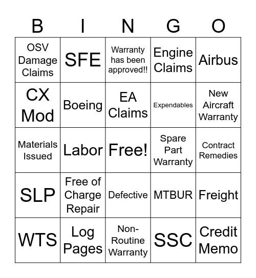 Warranty Bingo Card