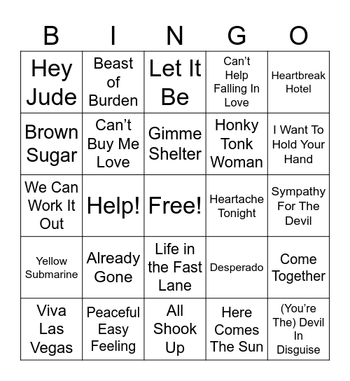 BEER (Beatles, Eagles, Elvis, Rolling Stones) Bingo Card